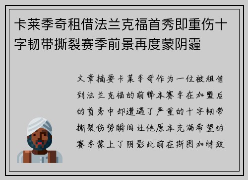 卡莱季奇租借法兰克福首秀即重伤十字韧带撕裂赛季前景再度蒙阴霾